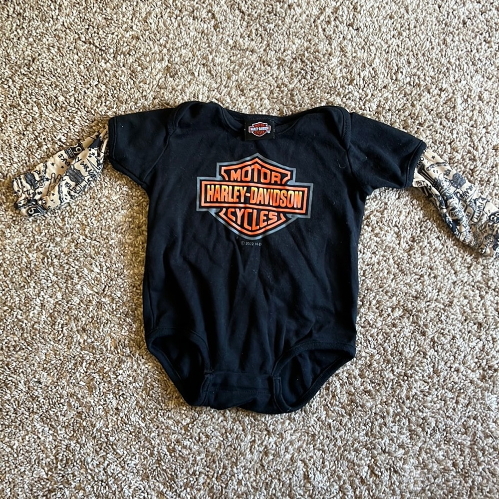 6-9 month Harley Davidson onesie with tattoo sleeves